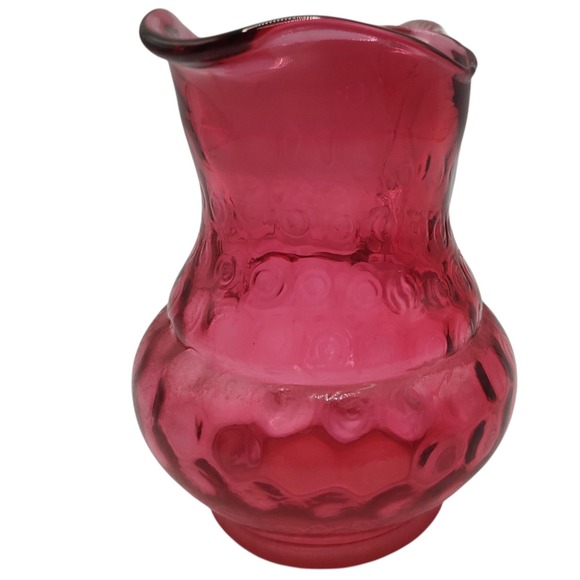 Fenton Cranberry Optic Dot Small Pitcher With Clear Applied Handle Vintage 1950s - Picture 8 of 14